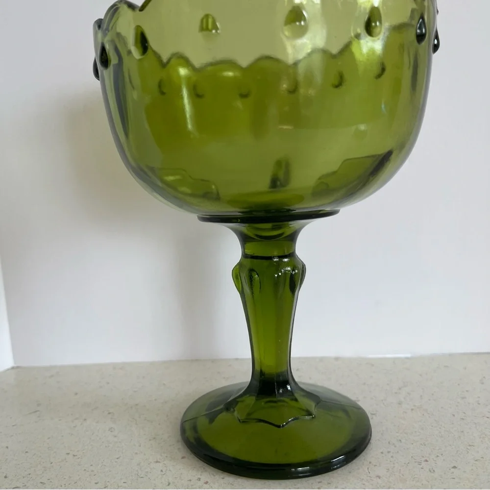 Vintage Pedestal Olive Green Indiana Glass Compote Candy Dish Bowl 7.5” X 5.5”
